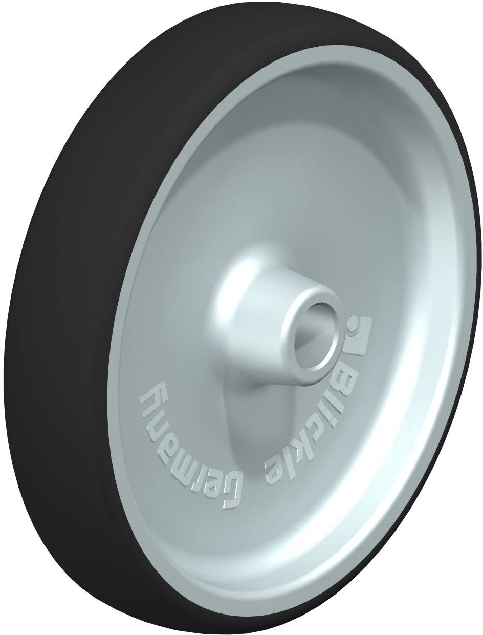 Schwarzes Rad mit silbernem Felgenteil, geprägt mit dem Schriftzug 'Blickle Germany'.