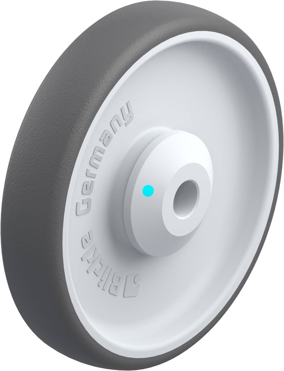 Graues Bockrolle-Rad mit weißem Zentrum und 'Made in Germany'-Prägung von Blickle.