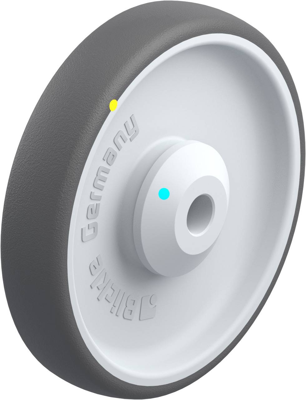 Gummirad in Grautönen mit Aufschrift 'Made in Germany'. Rundes Design mit glatter Lauffläche, zentrale Nabenöffnung sichtbar.