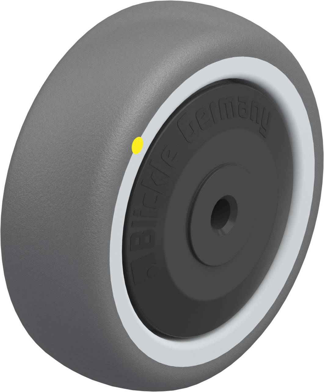 Graues Kunststoffrad mit schwarzer Nabe und grauem Reifen. Auf der Nabe steht 'Blickle Germany'. Geeignet für Möbel oder Geräte.