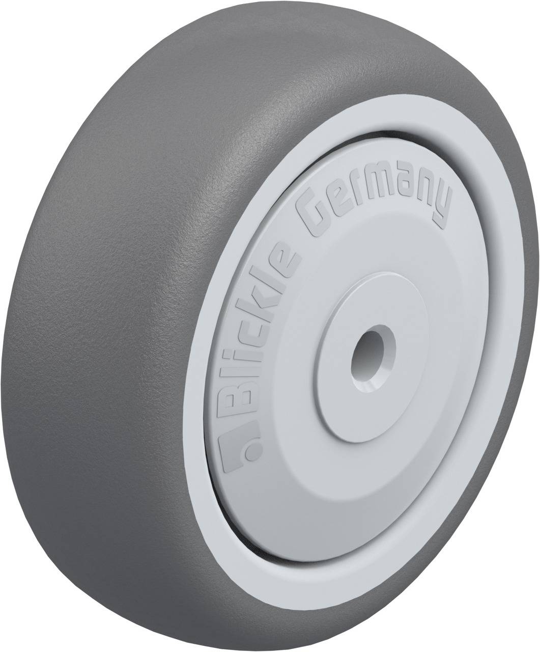 Graues Rad mit weißem Zentrum, auf dem 'Blickle Germany' steht. Das Rad scheint für Transportgeräte gedacht zu sein.
