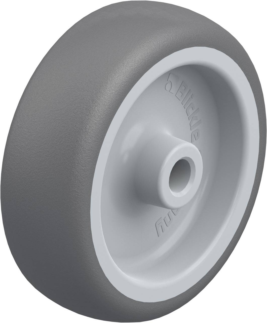Ein graues Rad mit einer glatten Oberfläche und mittigem Loch, geeignet für industrielle Anwendungen.
