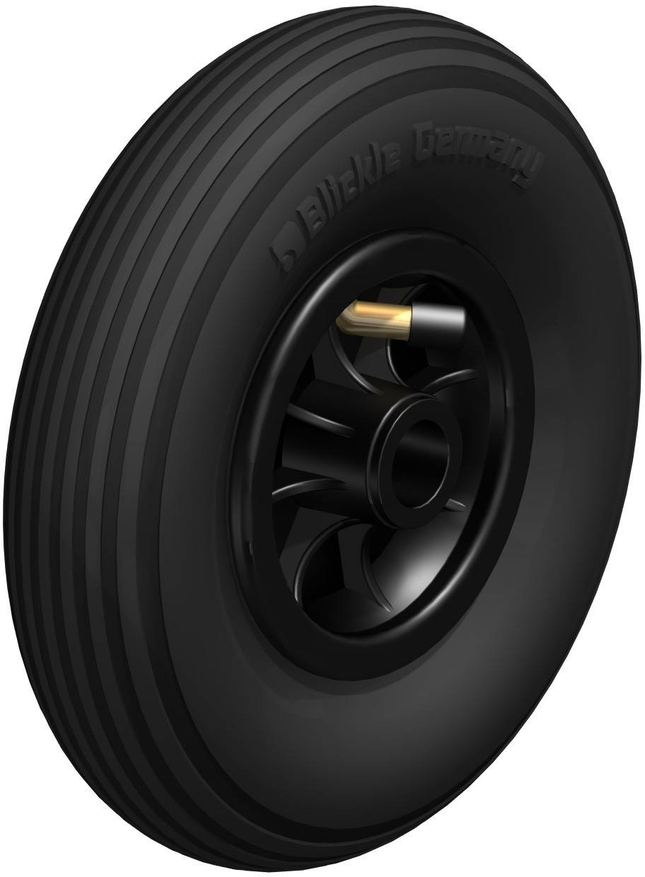 Schwarzer Gummireifen mit sechs Rillen und einem goldenen Ventil auf einer mehrspeichigen Plastikfelge.