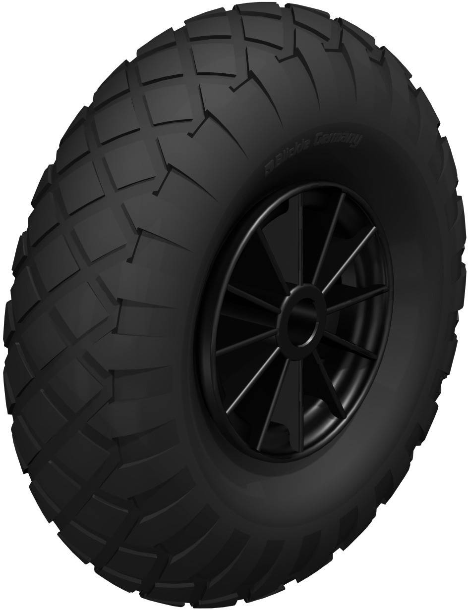 Ein schwarzer, grobstolliger Reifen vor einem neutralen Hintergrund, zeigt robustes Design und Profil für Geländeeinsätze.