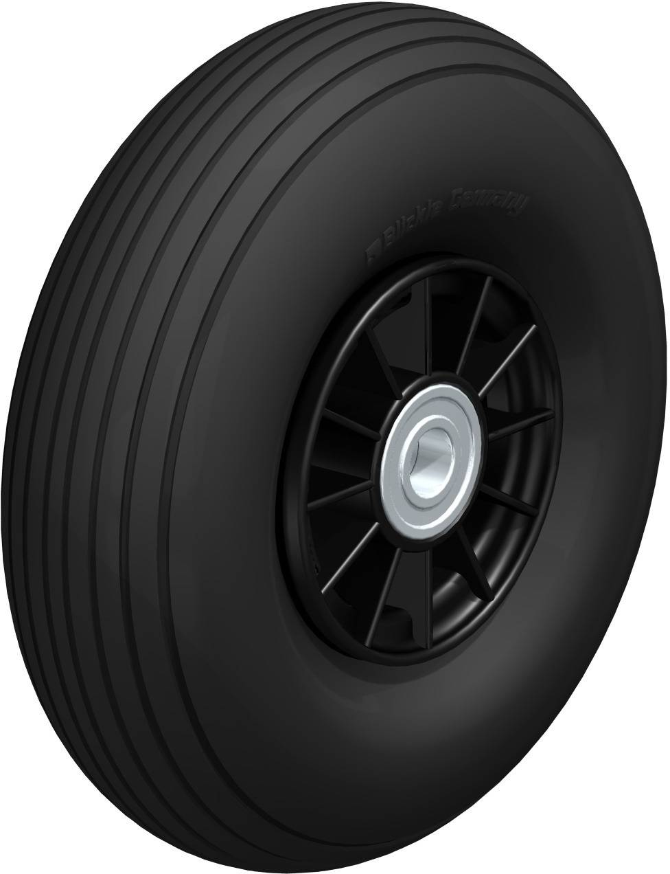 Ein schwarzer Reifen mit lamellenartigem Profil und silberner Felge, dargestellt in einem Winkel. Der Reifen hat ein einfaches Design.