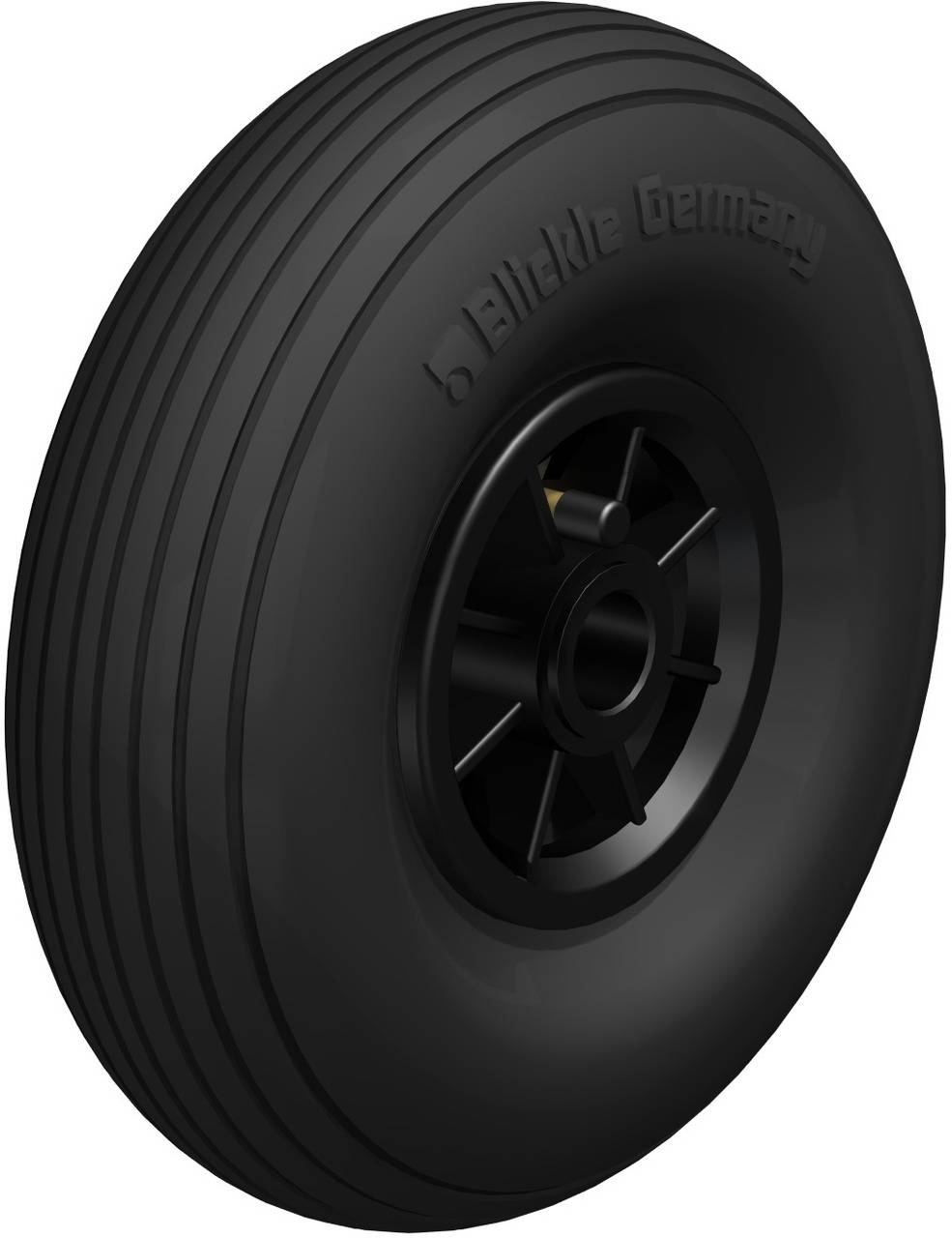 Ein schwarzes Rad mit gerillter Oberfläche und einem zentralen Achsloch. Aufschrift 'Blickle Germany' am Rand des Reifens.