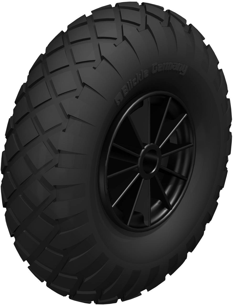Schwarzer Offroad-Reifen mit tiefem Profil auf schwarzer Felge. Geeignet für raues Gelände.