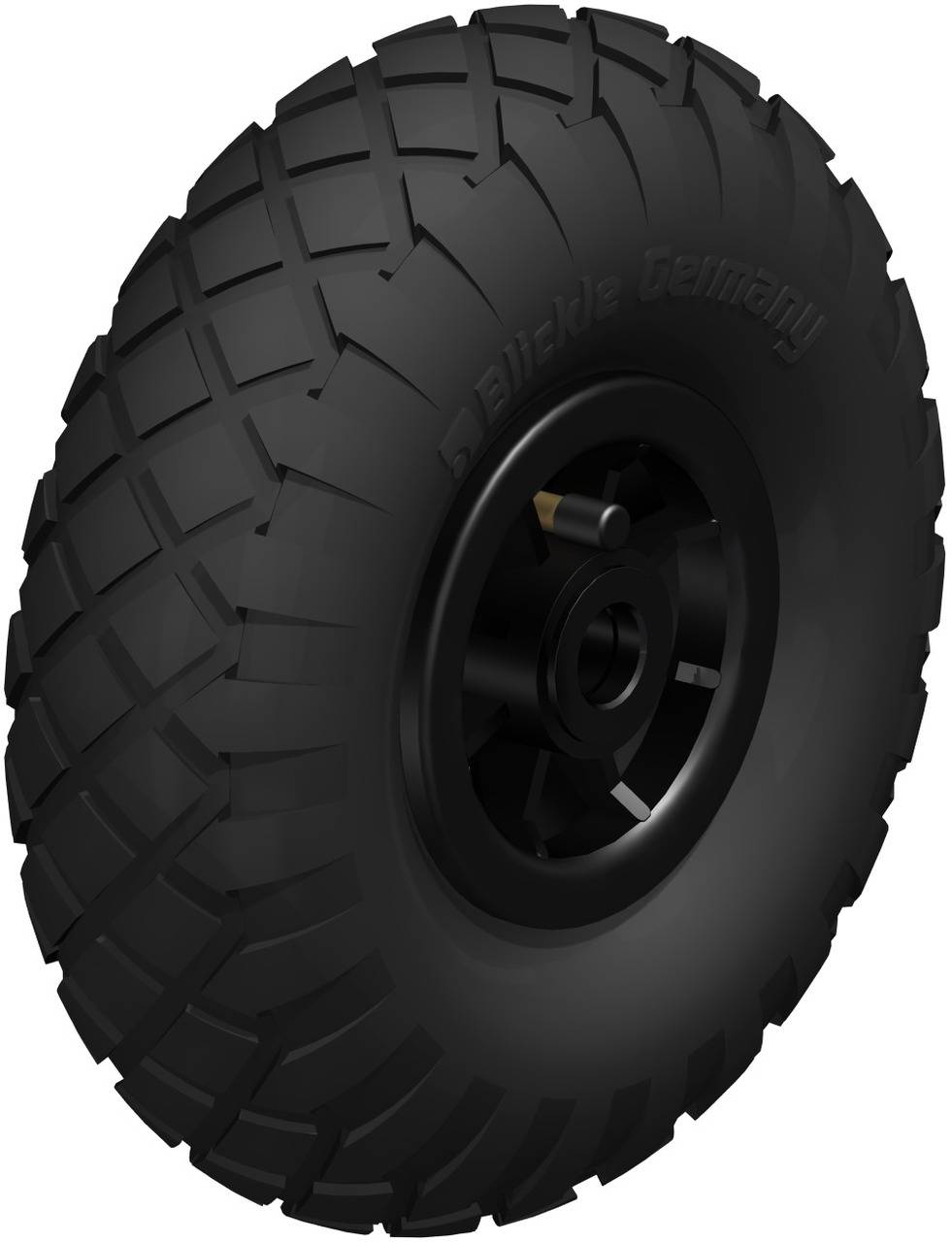 Schwarzes Geländereifenrad mit markantem Profil und Metallventil, geeignet für raues Terrain.