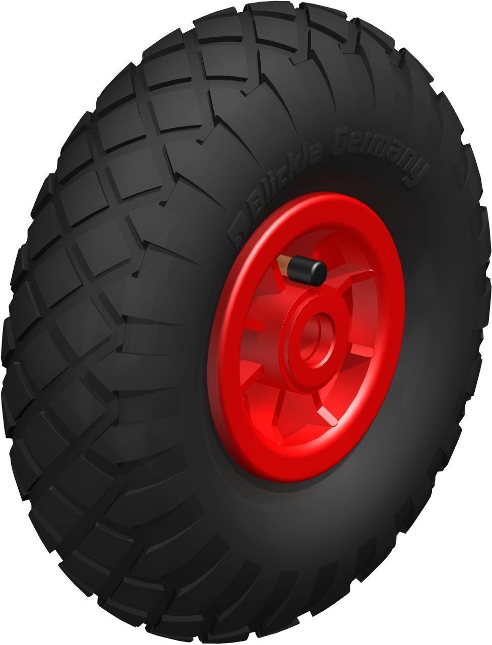 Ein vollgummibereiftes Rad mit roter Felge und robustem Profil, geeignet für Schubkarren oder ähnliche Geräte.