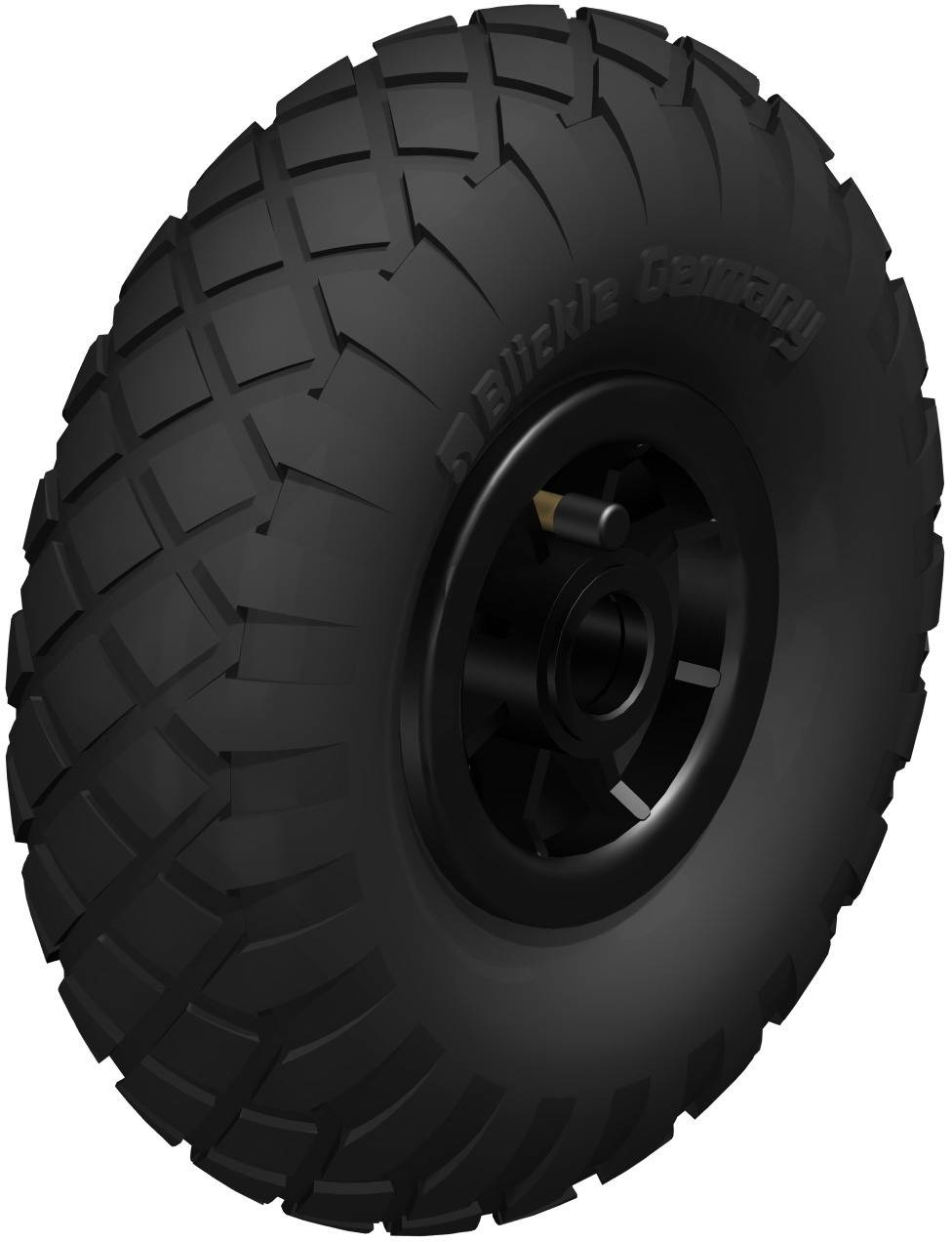 Schwarzes Ersatzrad mit grobem Profil und der Aufschrift 'Blickle Germany' auf der Reifenflanke.