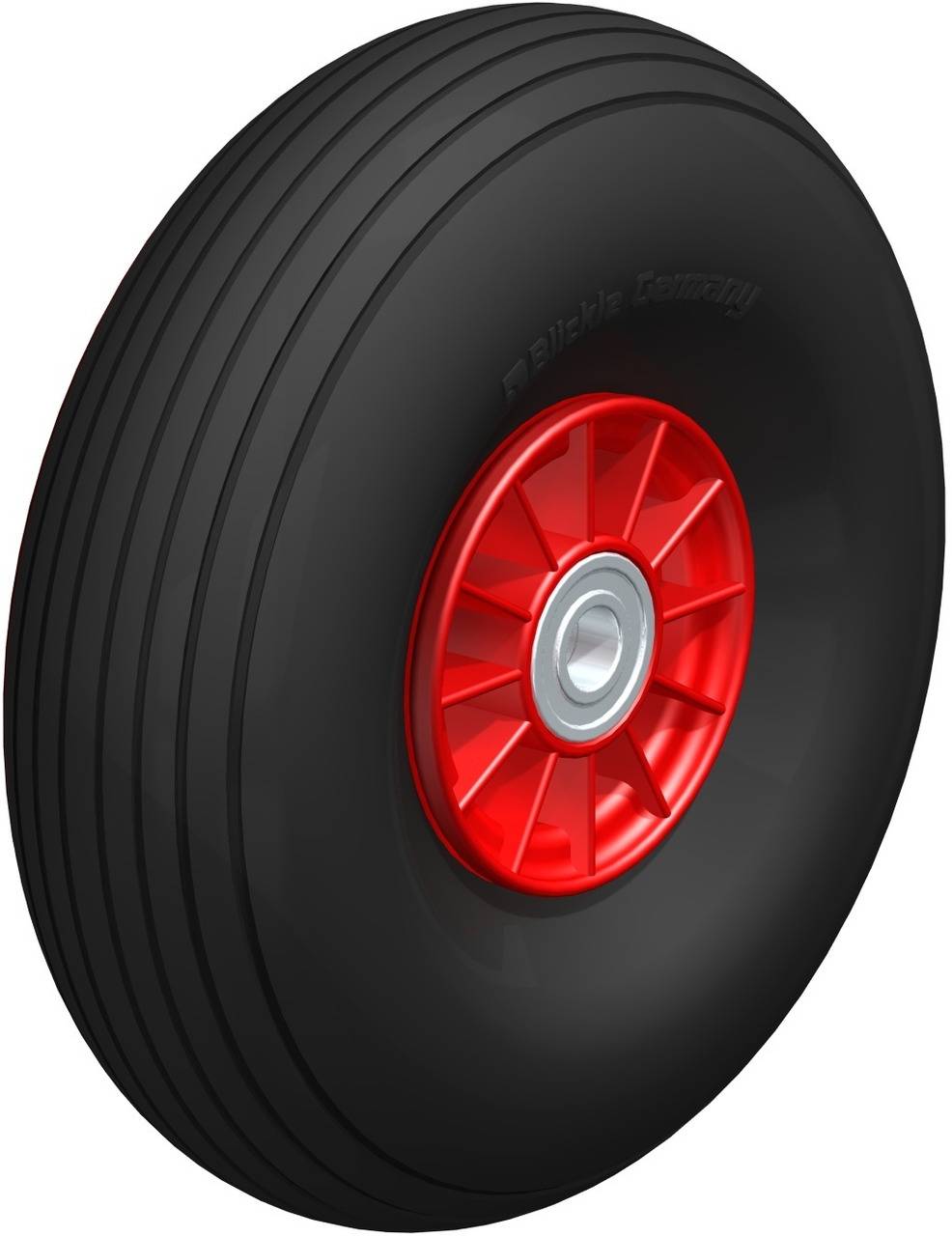 Schwarzes Rad mit roten Speichen und einer zentralen silbernen Nabe, Profil mit mehreren schmalen Rillen.