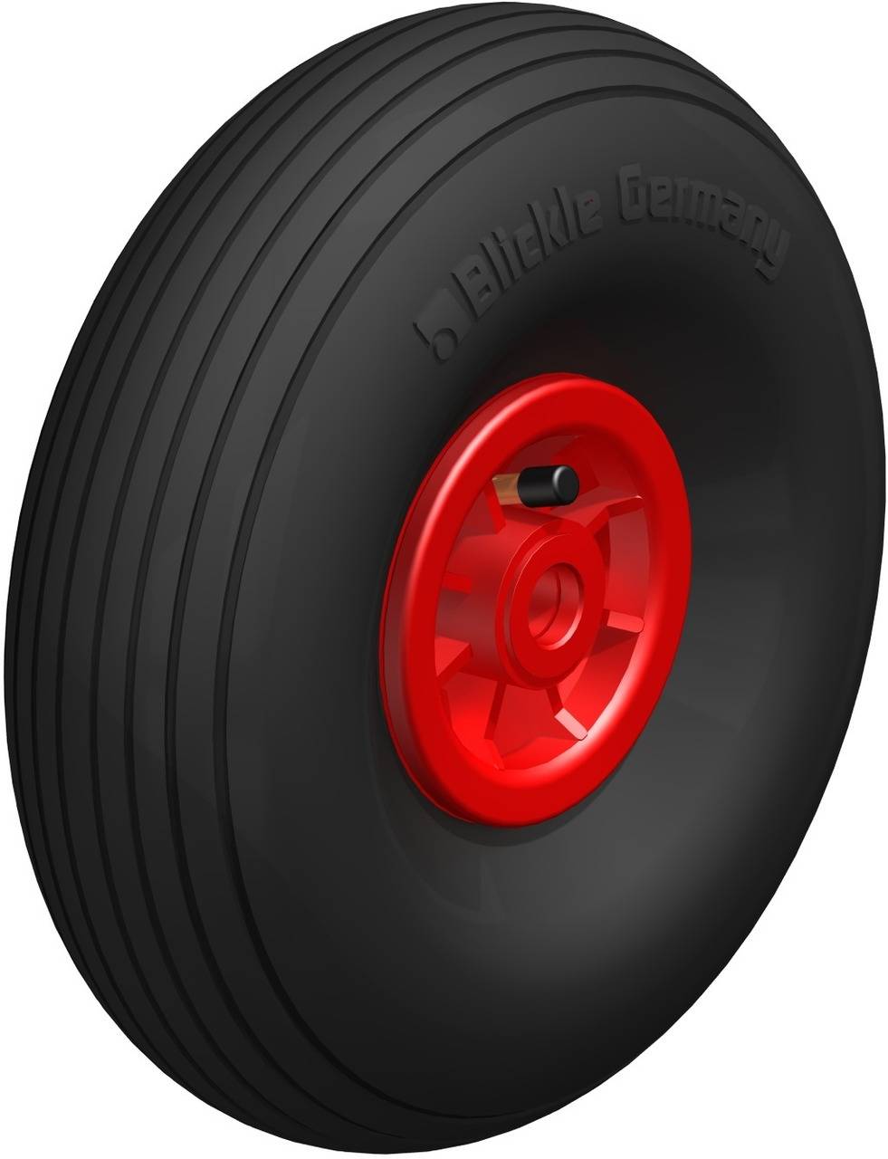 Schwarzes Rad mit roter Felge und einem Metallteil in der Mitte, mit der Aufschrift 'blickle germany'. Mögliche Verwendung in Industrie oder Transportmitteln.