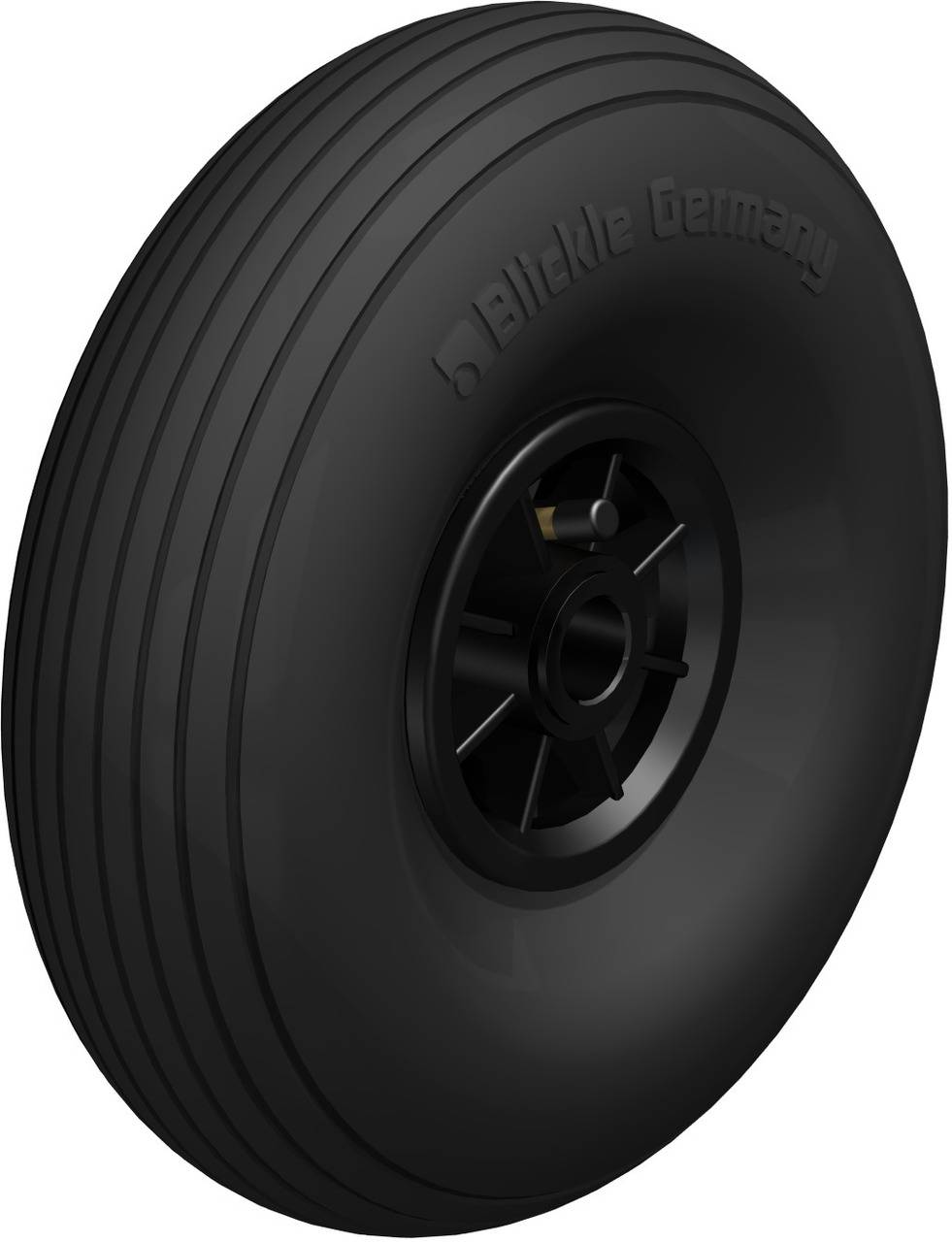 Schwarzes Vollgummirad mit gerilltem Profil und schwarzer Felge. Geeignet für Transportgeräte. Text 'Blickle Germany' auf dem Rad.