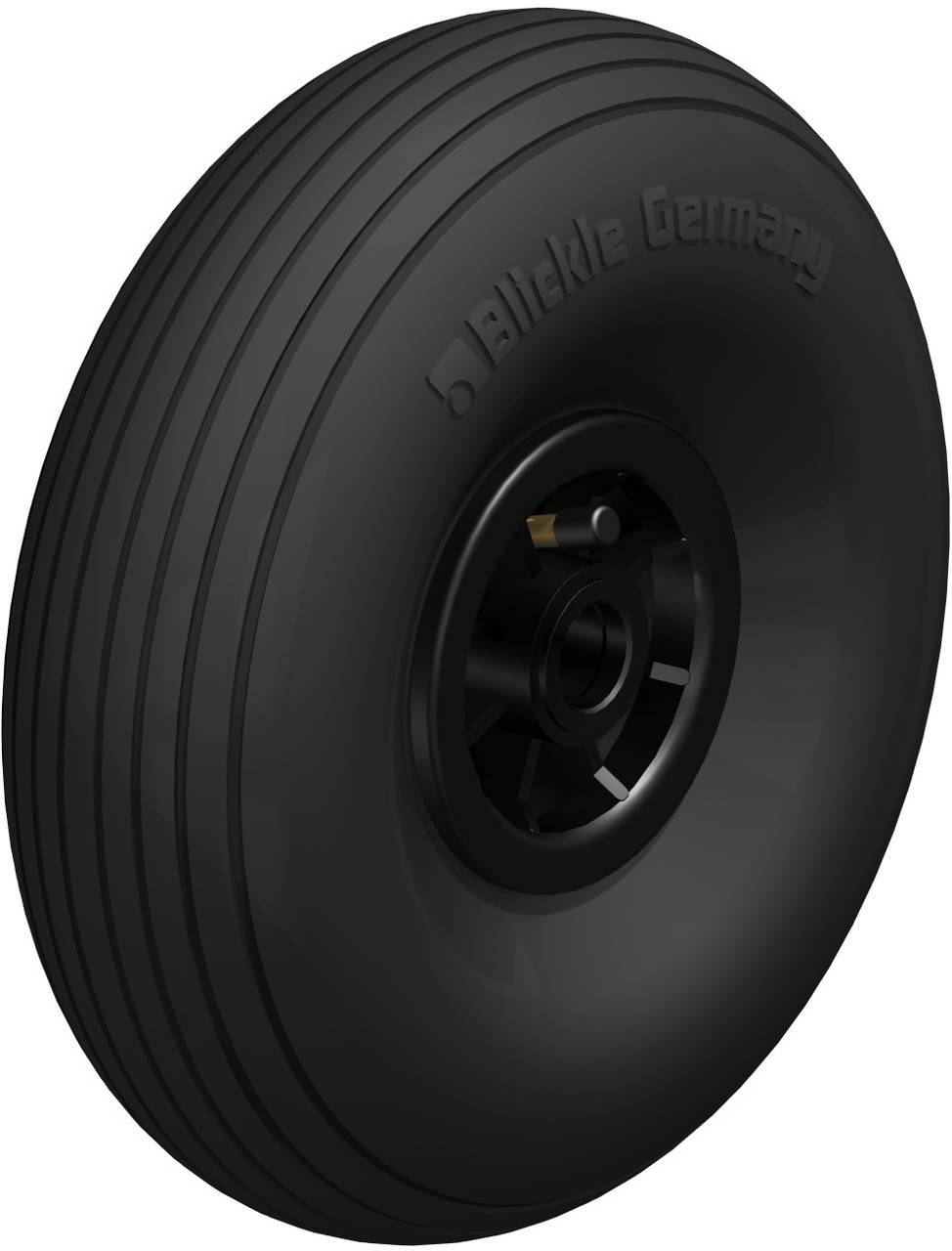 Ein schwarzes Vollgummirad mit seitlichen Rillen und einer zentralen Nabe. Der Schriftzug 'Blickle Germany' ist auf der Seite sichtbar.