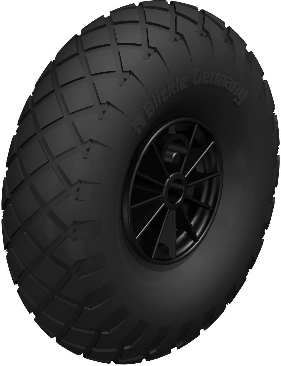 Schwarzes, grobstolliges Reifenrad mit Speichenfelge. Reifen ist geeignet für den Einsatz auf unebenen oder rauen Oberflächen.