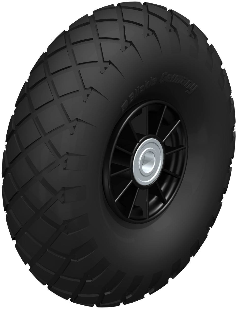 Schwarzes, grob profiliertes Rad aus Gummi mit schwarzer, speichengeformter Felge, dient zur Beschreibung eines Geländerads.