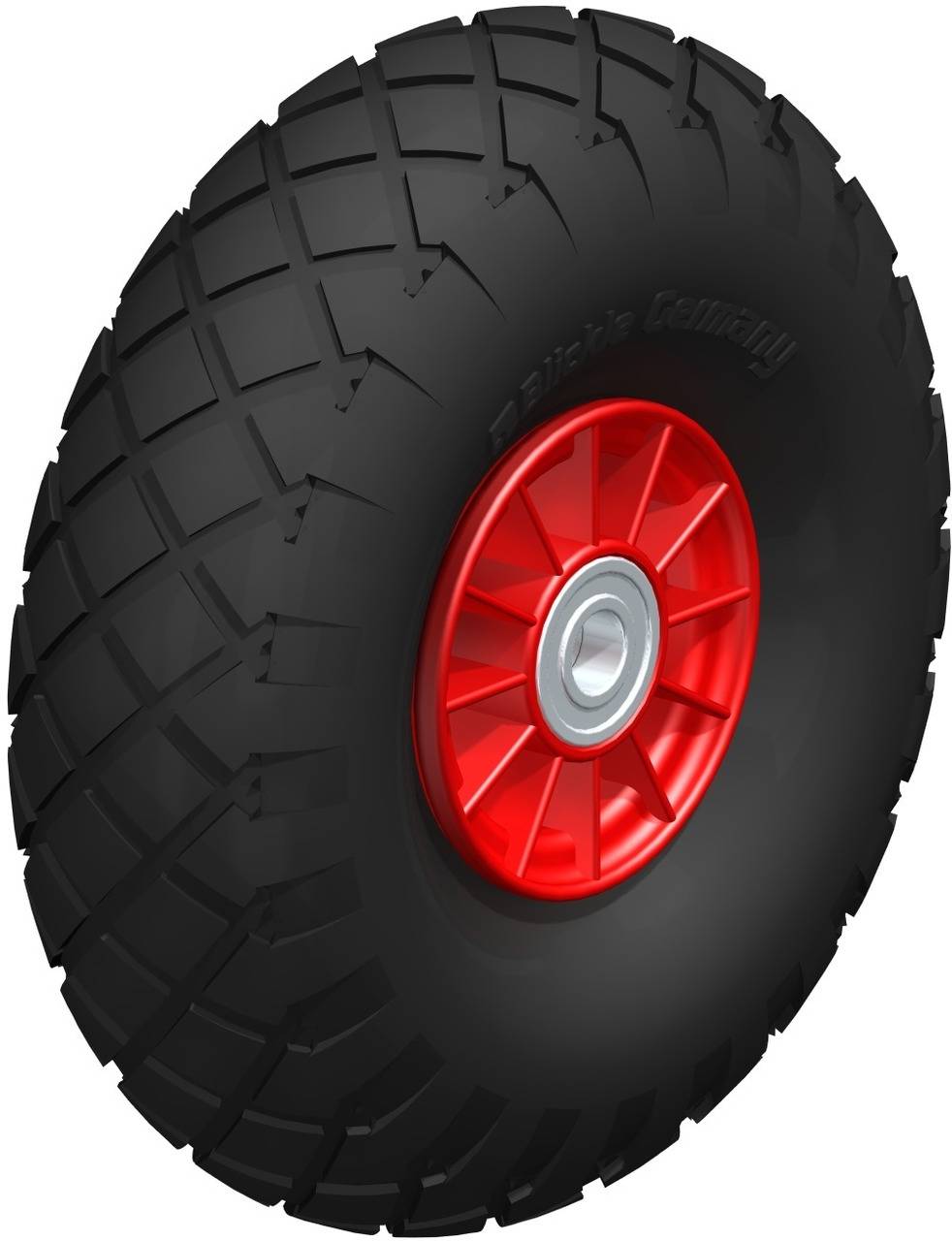 Schwarzes Reifenrad mit roter Felge, geeignet für Fahrzeuge oder Maschinen, hervorstechendes Profil für besseren Grip und Stabilität.