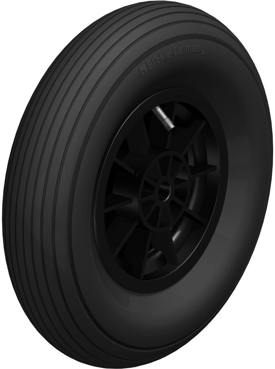 Abgebildet ist ein schwarzes, geripptes Rad mit einer Stahlfelge, beschriftet mit 'Blickle Germany'.
