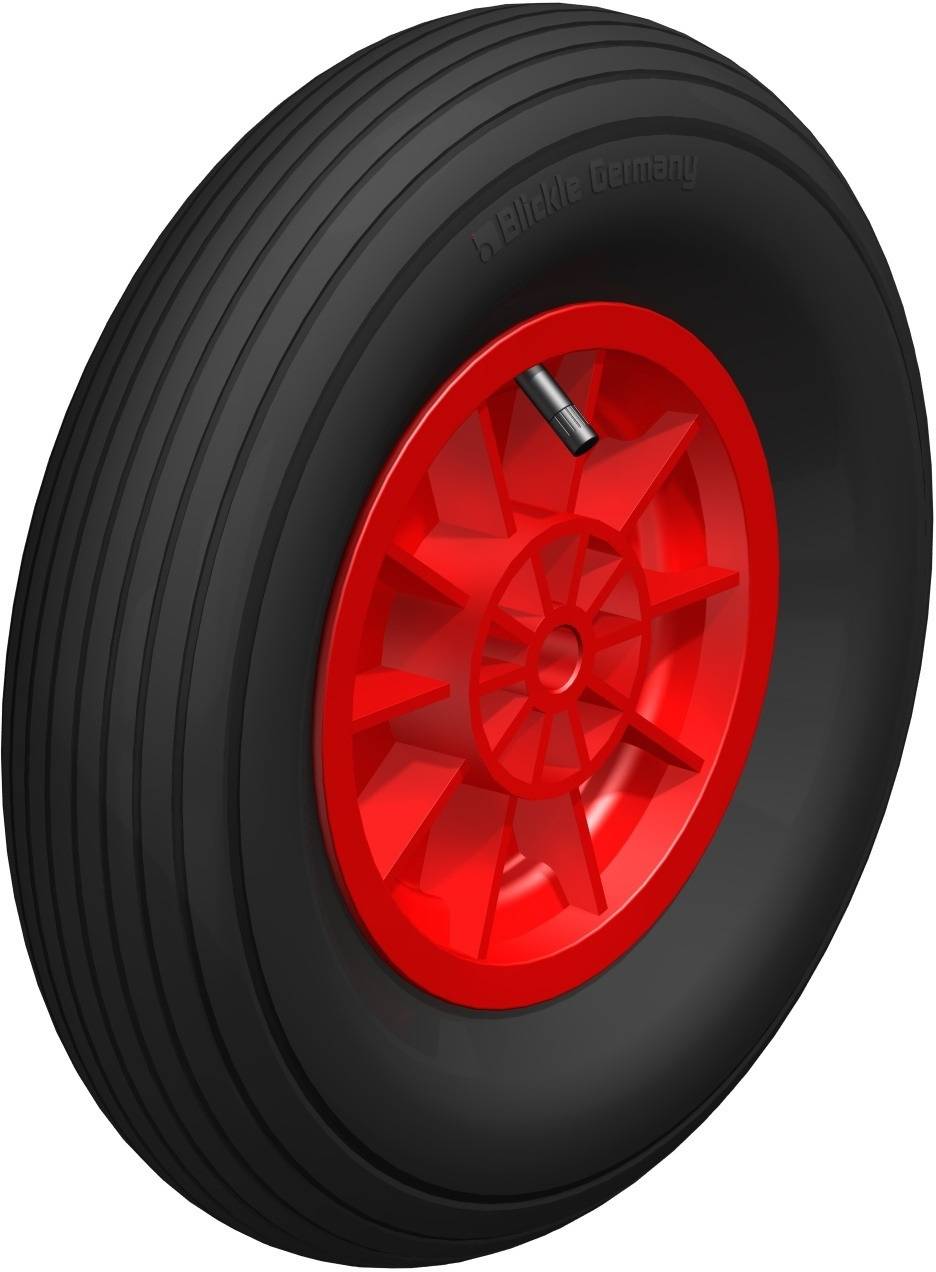 'Schwarzes Rad mit roten Speichen, Ventil sichtbar. Schriftzug auf der Seite: 
