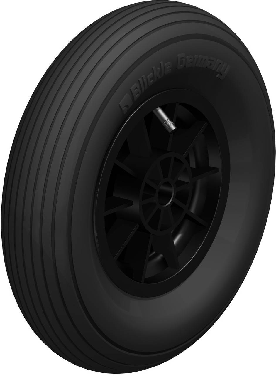 Ein schwarzer Reifen mit schlanken Rillen in der Profillaufbahn und einem Ventil an der Seite.