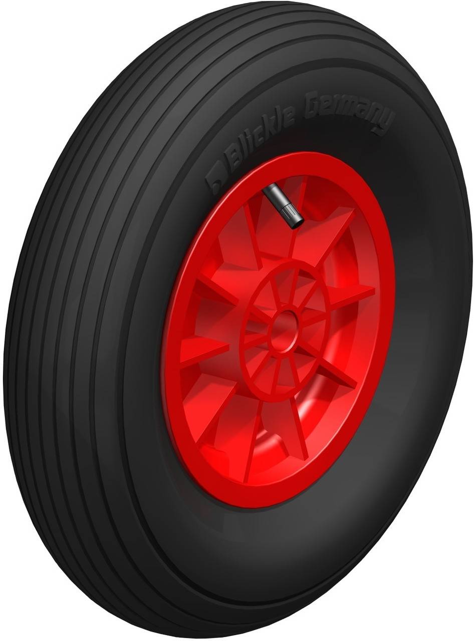 Schwarzes Rad mit roten Speichen und Felge, seitlich gesehen. Geeignet für Geräte mit leichter bis mittlerer Lastanforderung.