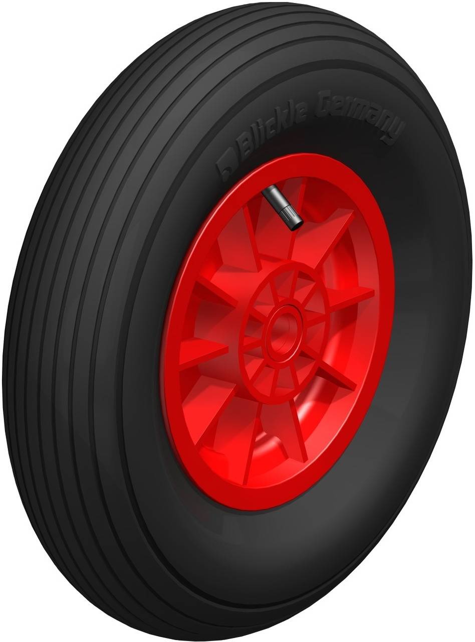 Schwarzes Gummirad mit roten Speichen und Felgen, geeignet für Karren oder Werkstattwagen.