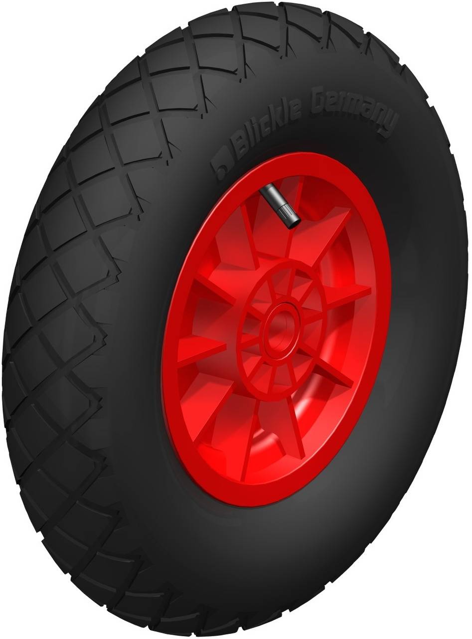 Ein schwarzes Gummirad mit roter Felge und Luftventil, geeignet für Schubkarren oder Wagen. Markierung 'Blickle Germany' sichtbar.