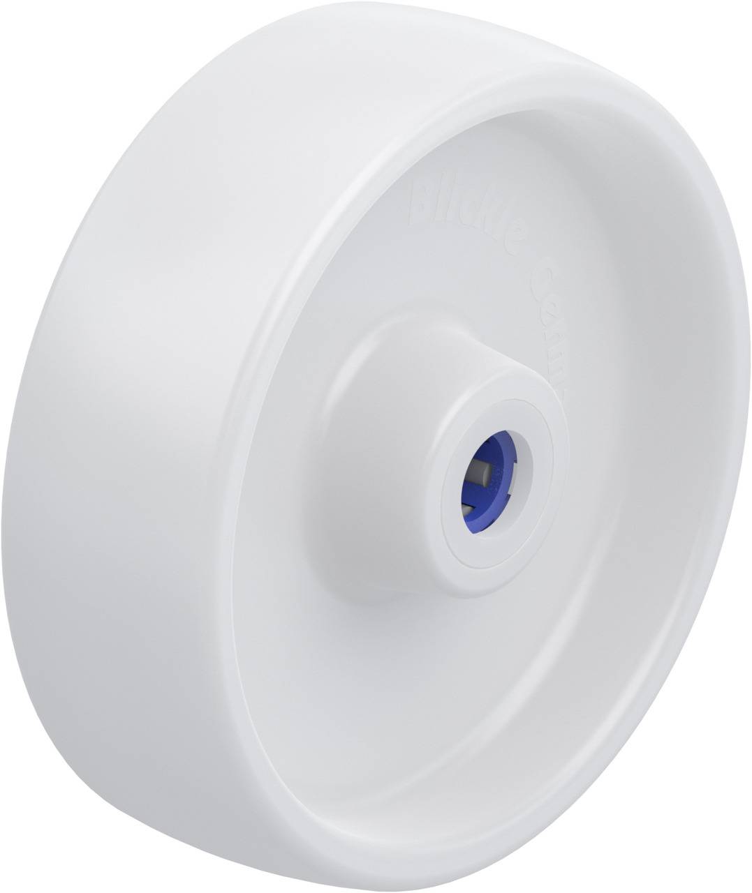 Weißes Kunststoffrad mit blauer Aufnahmeöffnung in der Mitte.