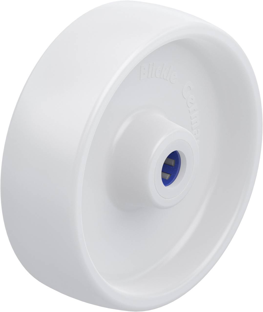 Weißes Kunststoffrad mit blauem Innenring, geeignet für Möbel oder leichte Ausrüstung.