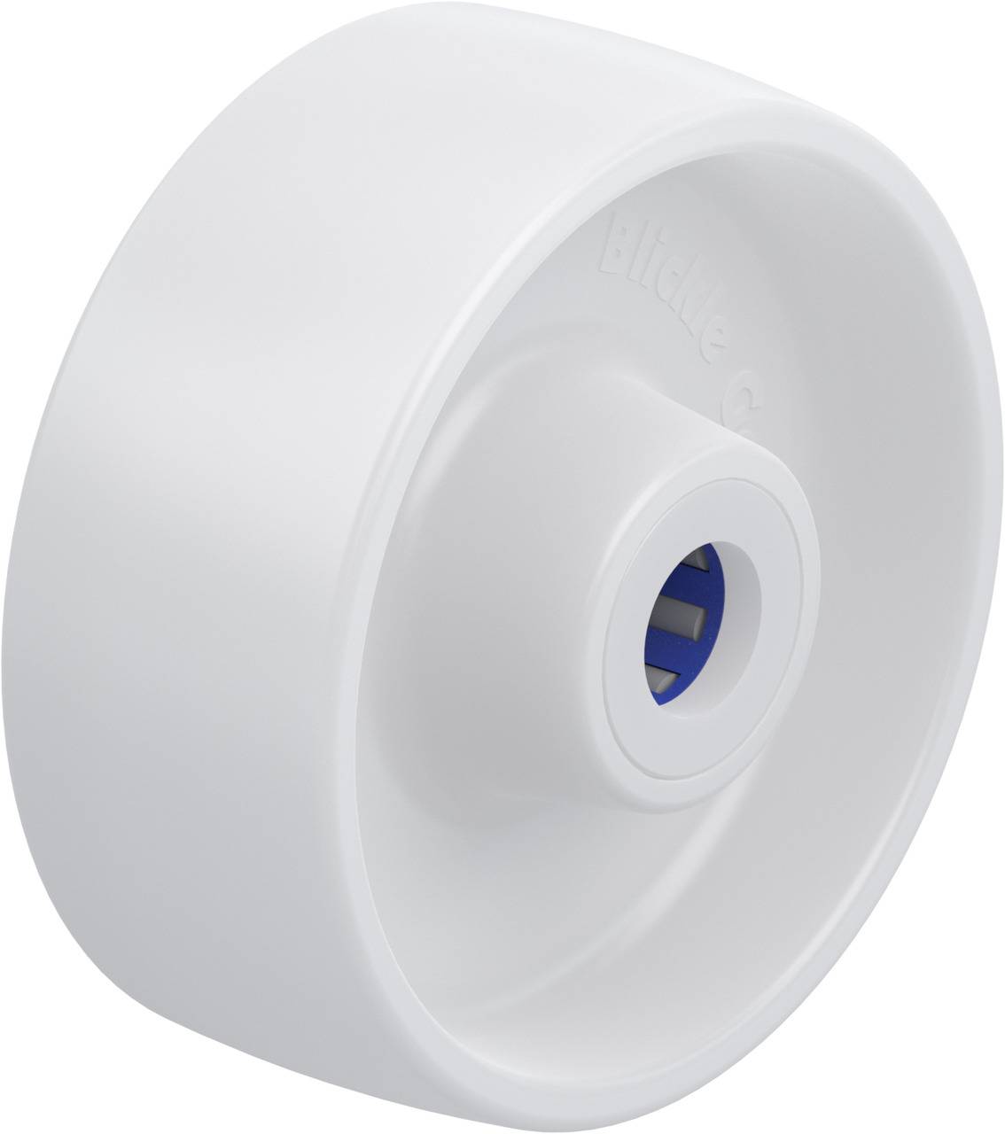 Weißes Rollenteil seitlich mit blauem Innenring, möglicherweise Teil eines größeren Mechanismus oder Geräts.