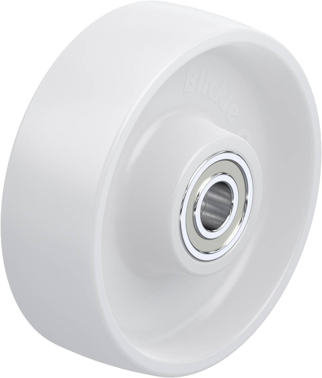 Ein weißes Rad mit Metalllager, geeignet für Anwendungen in Möbeln oder leichten Transportgeräten.