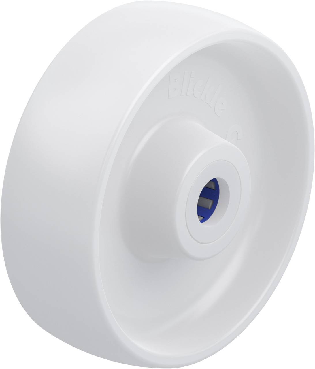 Weißes Kunststoffrad mit glatter Oberfläche und blauer Lagerung in der Mitte.