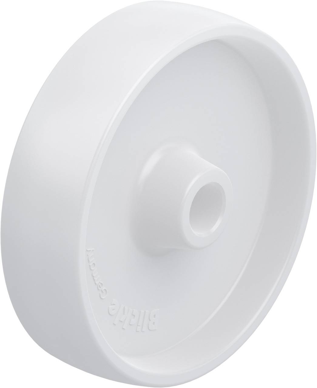 Ein weißes Kunststoffrad mit glattem Rand und einer zentralen Öffnung, beschriftet mit 'Blickle Standard', vor einem neutralen Hintergrund.