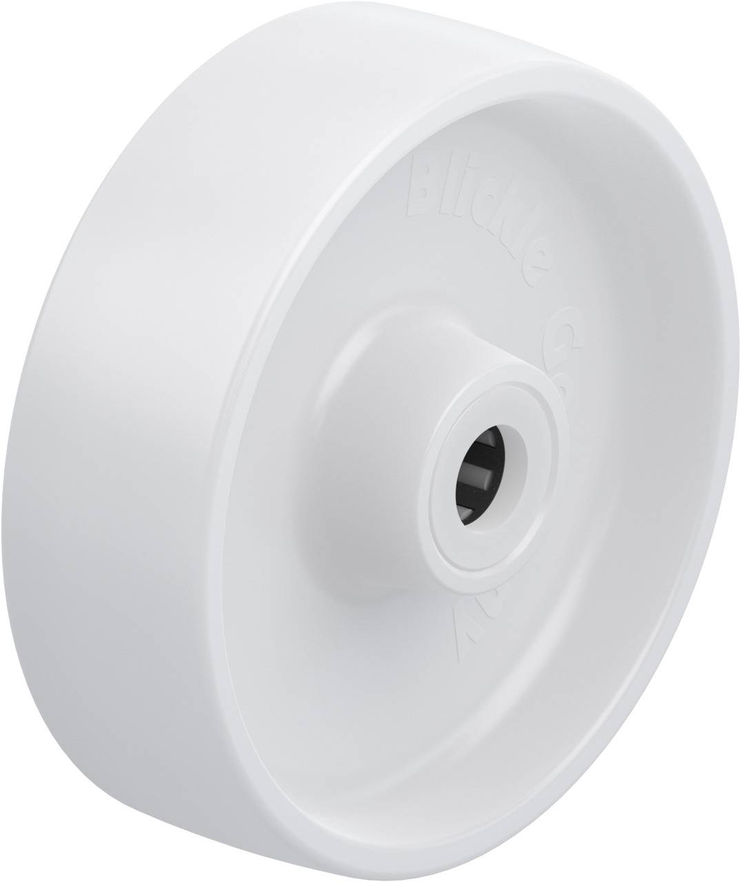Weißes Kunststoffrad mit glatter Oberfläche und zentraler Öffnung zur Befestigung. Geeignet für Möbel oder Geräte.