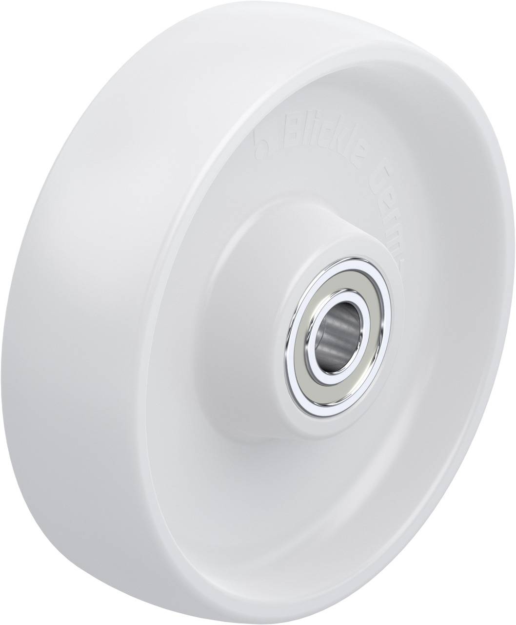 Weiße Kunststoffrolle mit integriertem Metallkugellager, geeignet für den Einsatz in Möbeln oder als Ersatzteil für kleine Geräte.