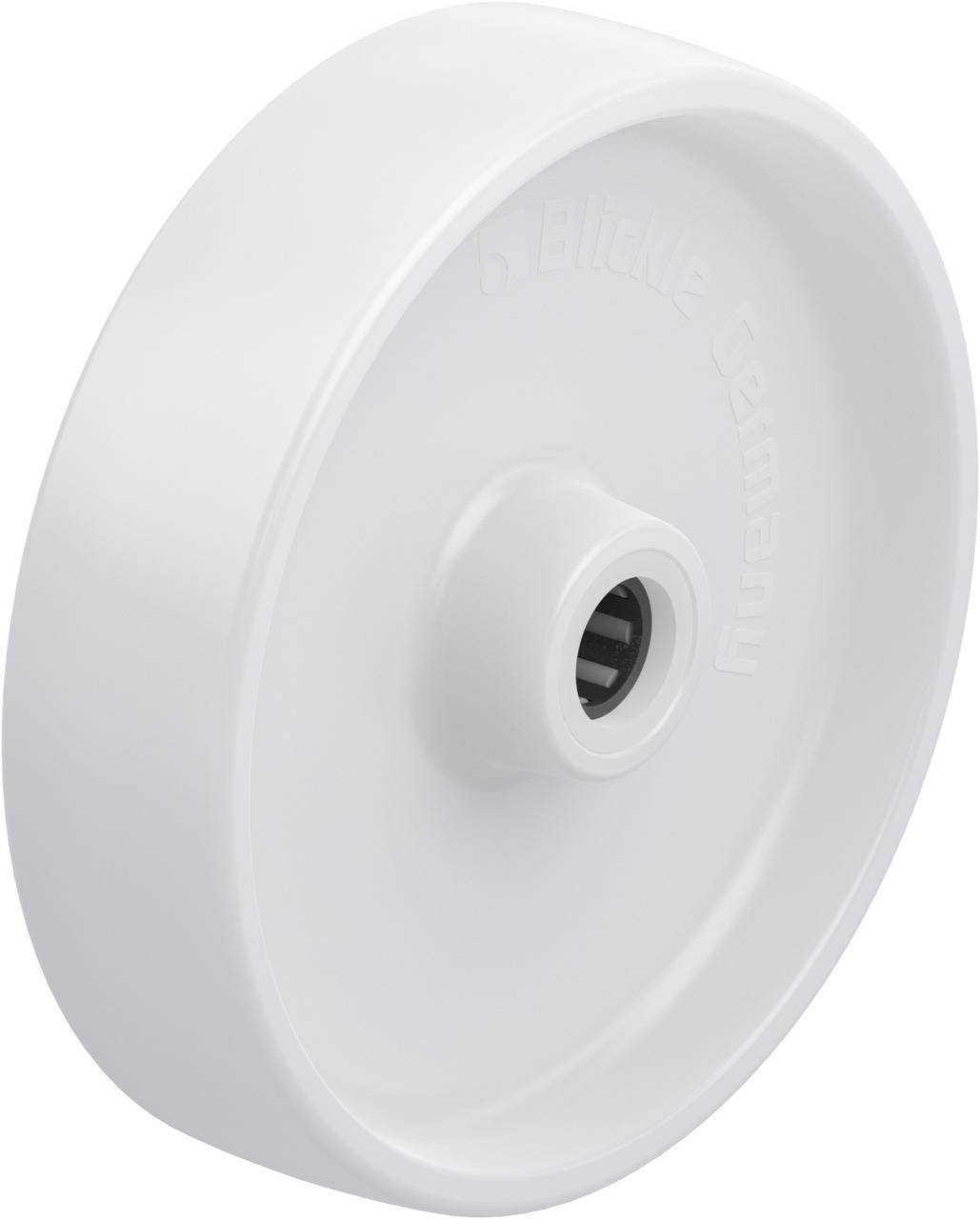Ein weißes Kunststoffrad mit Metalllager, auf dem die Aufschrift 'Blitzle Germany' steht. Geeignet für leichte Transportmittel.