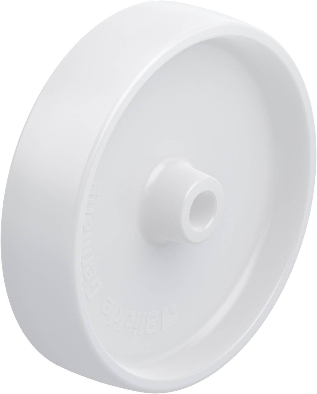 Ein weißes Kunststoffrad mit glatter Oberfläche und kleinem Loch in der Mitte, möglicherweise Teil eines Möbelstücks oder Geräts.