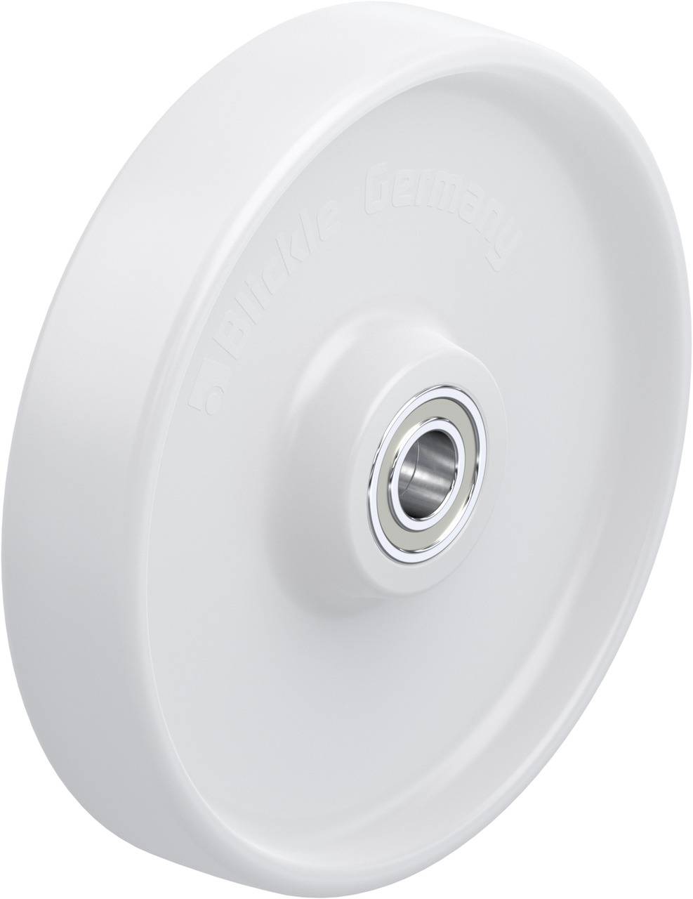 Ein weißes Kunststoffrad mit einem Metalllager in der Mitte, geeignet für industrielle oder Transportanwendungen.