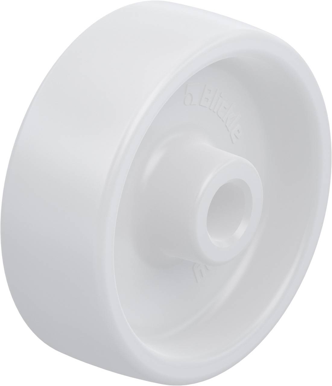 Weiße Kunststoffrolle mit zylindrischem Hohlraum in der Mitte, geeignet für Möbel oder kleine Geräte.