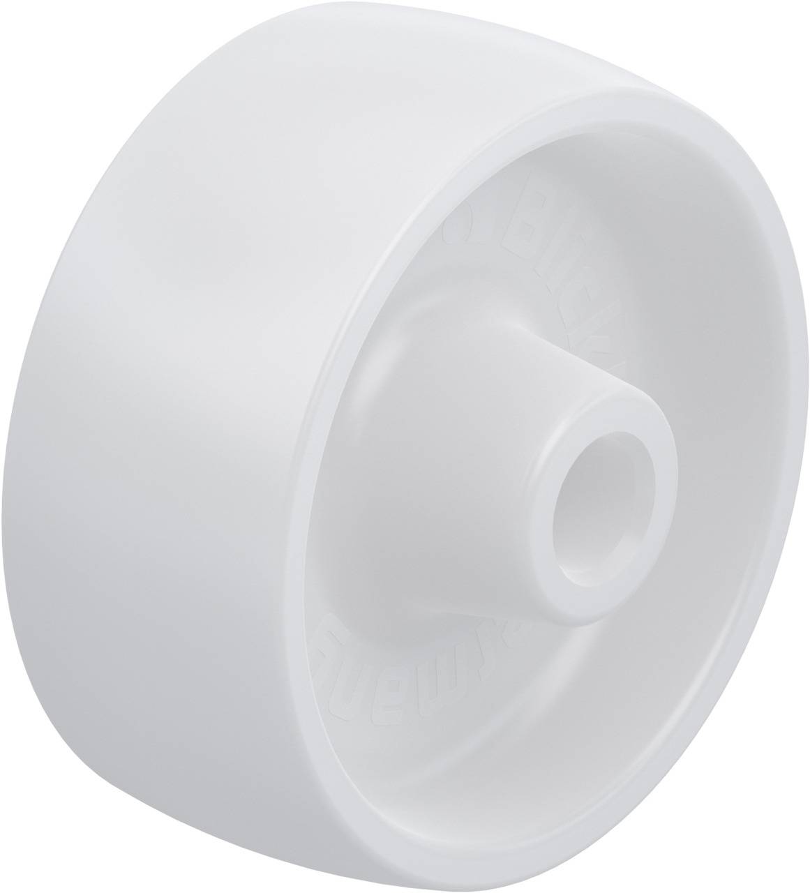 Großes, weißes Kunststoffrad mit zentraler Öffnung, potenziell für Transportwagen oder ähnliche Anwendungen.