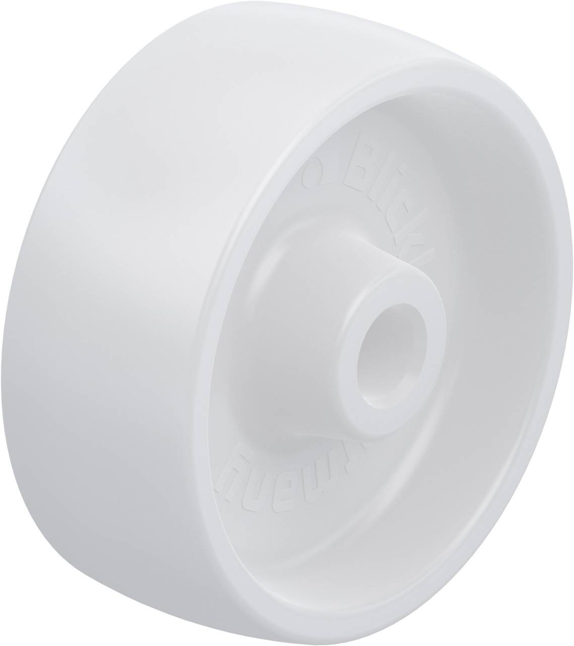 Ein weißes Kunststoffrad, primär zu verwenden für Möbel oder kleine Geräte, mit sichtbarem Nabenloch für eine Welle oder Achse.