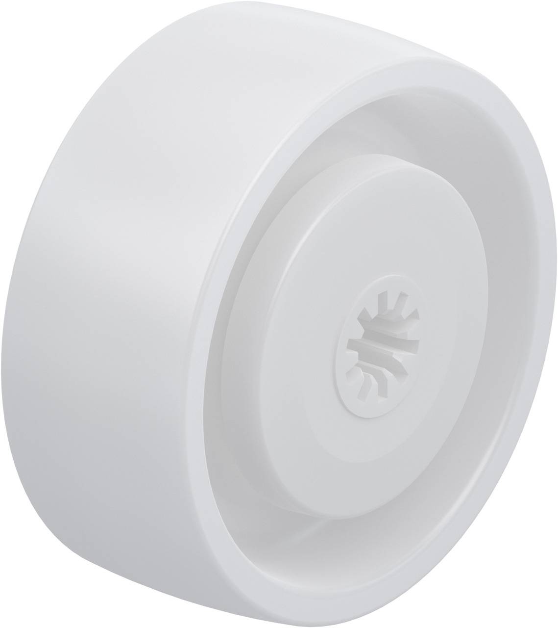 Weiße runde Kunststoffabdeckung mit einer zentralen Öffnung, die einen gezackten Innenbereich zeigt. Sie scheint Teil eines technischen Geräts zu sein.