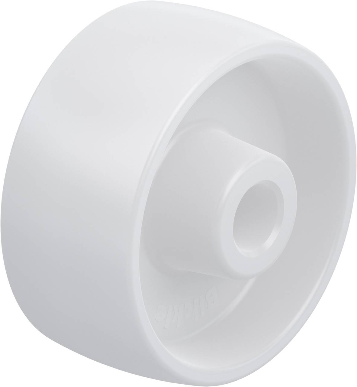 Weiße Skateboard- oder Longboard-Rolle aus Kunststoff, seitlich sichtbar.