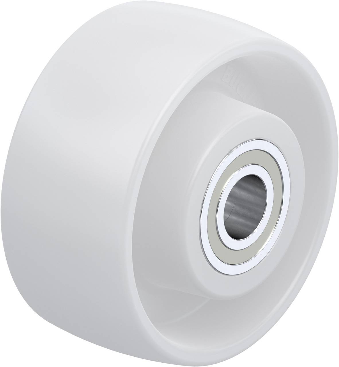 Weißes Rad mit Metalllager, von hinten betrachtet.