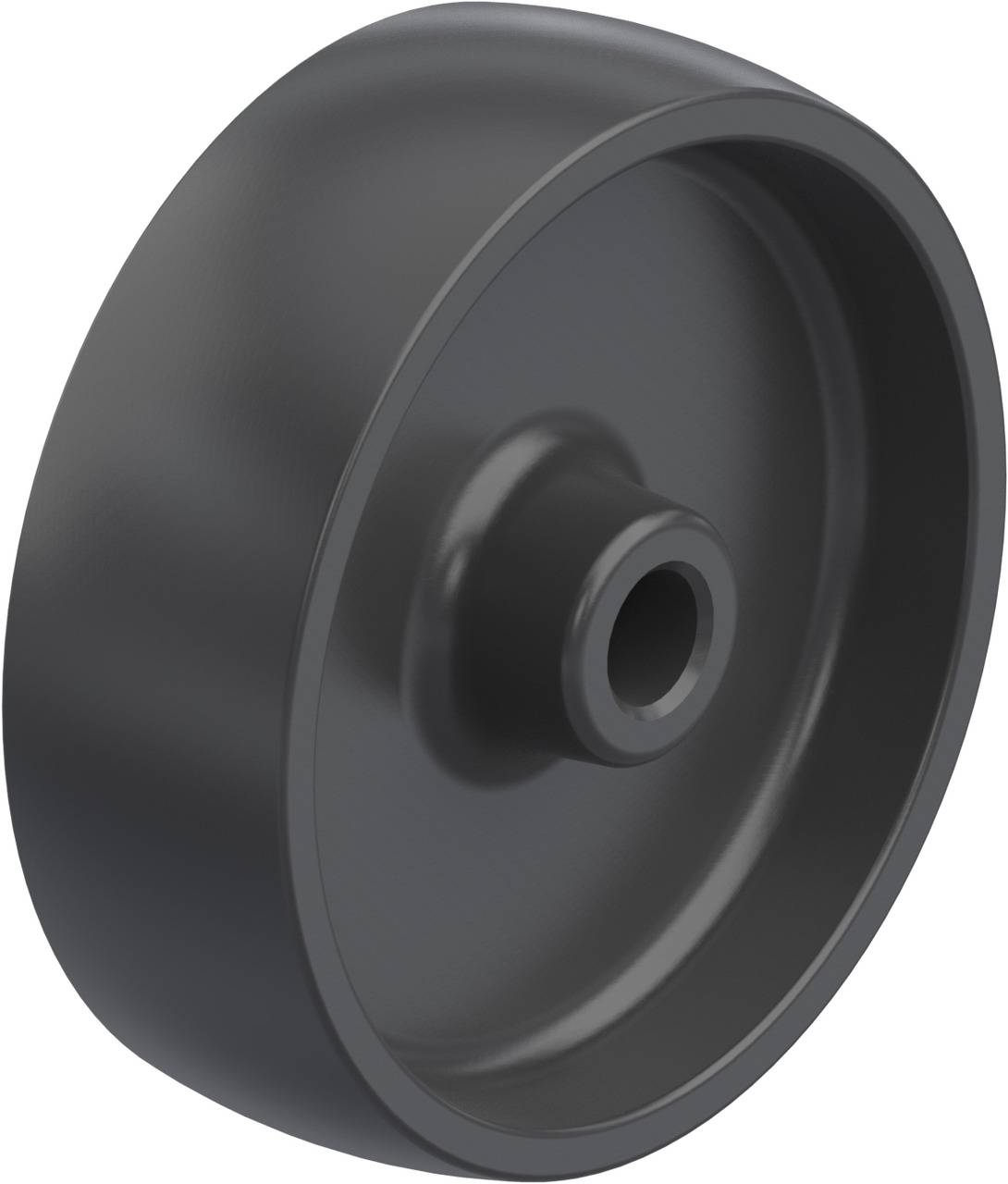 Schwarzes Kunststoffrad mit glatter Oberfläche, geeignet für Möbel oder Industrieanwendungen.