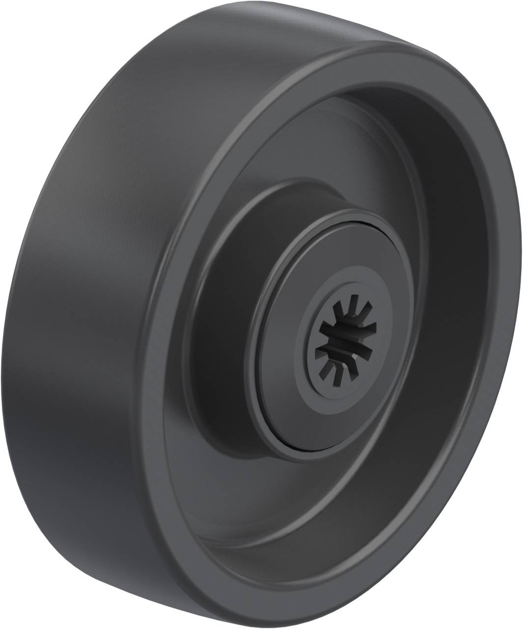Ein schwarzes Kunststoffrad, geeignet für Möbel oder Geräte. Das Rad hat eine zentrale Befestigungsöffnung.