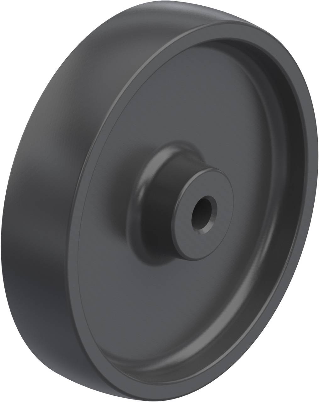 Schwarzes Plastikrad mit breitem Profil und zentraler Achsöffnung, geeignet für leichte Wagen oder Möbel.