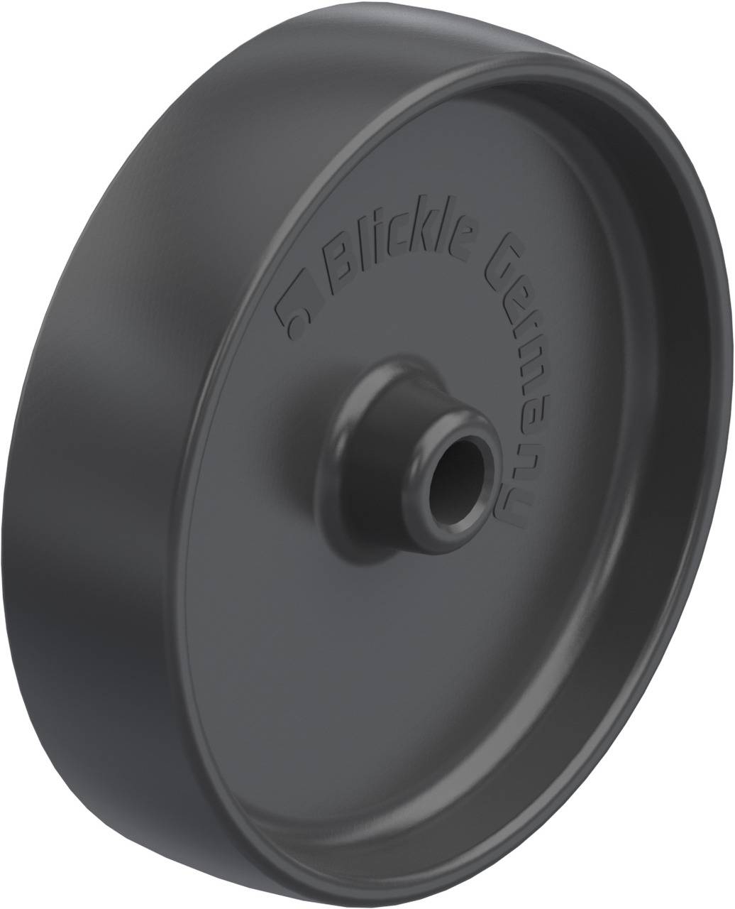 Graues Kunststoffrad mit Schriftzug 'Blickle Germany' auf der Seitenfläche.