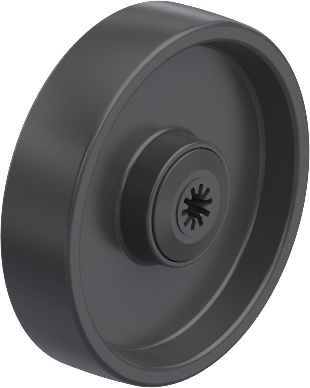 Schwarzes Rad mit einer zentralen Öffnung und einem gezackten Muster um die Mitte, vermutlich ein Teil eines mechanischen Geräts.