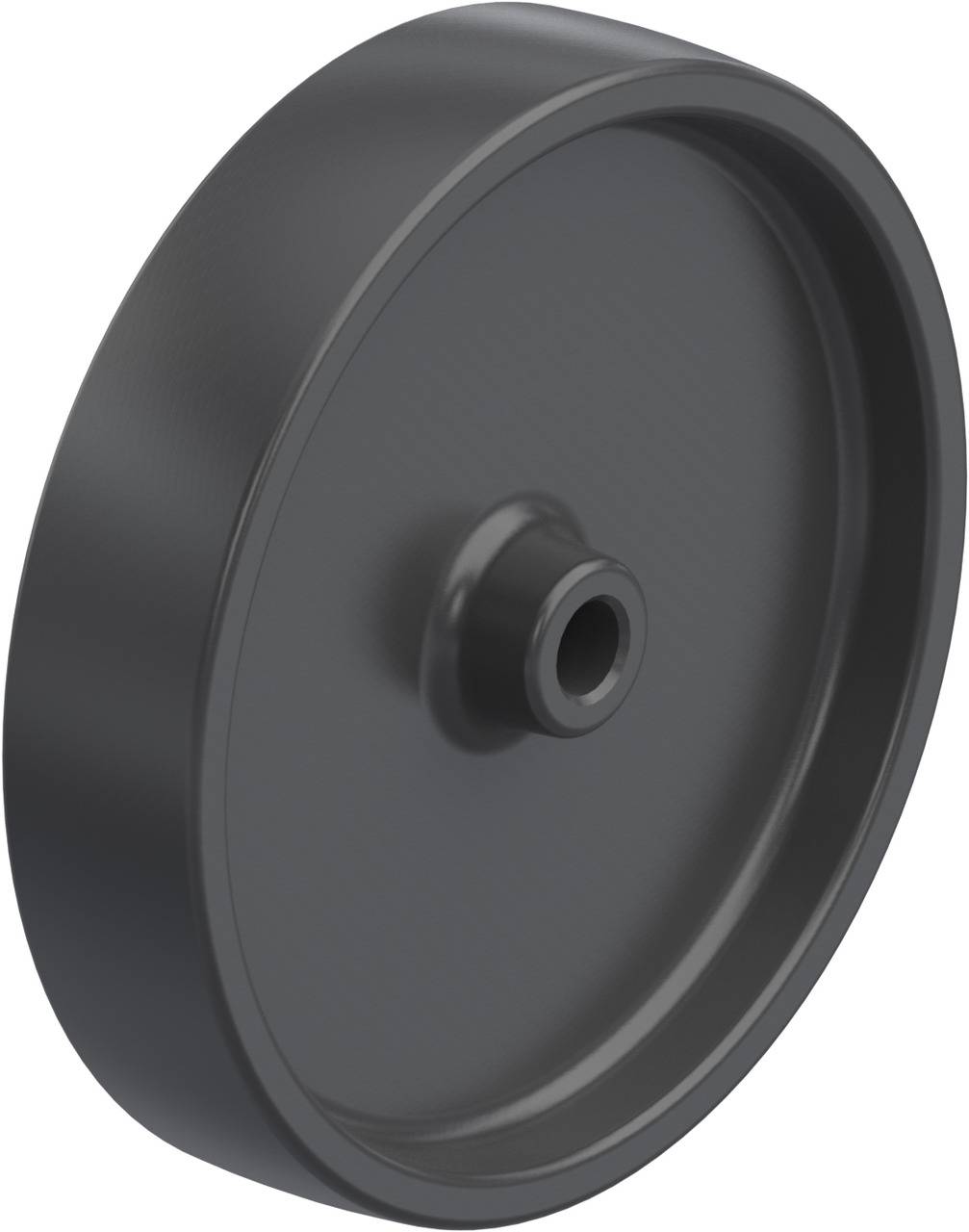 Schwarzes rundes Kunststoffrad mit glatter Oberfläche und zentraler Öffnung zur Befestigung an einer Achse.